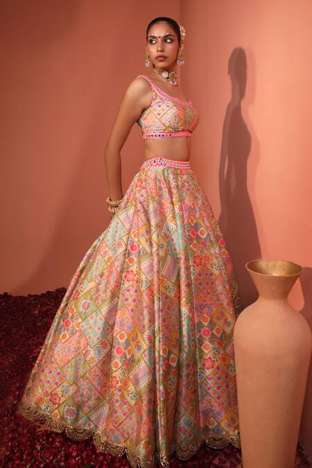 Rajbinder Chahal_Multi Color Silk, Net Mirrors, Beads, Floral Tile Print Lehenga Blouse Set _Online_at_Aza_Fashions
