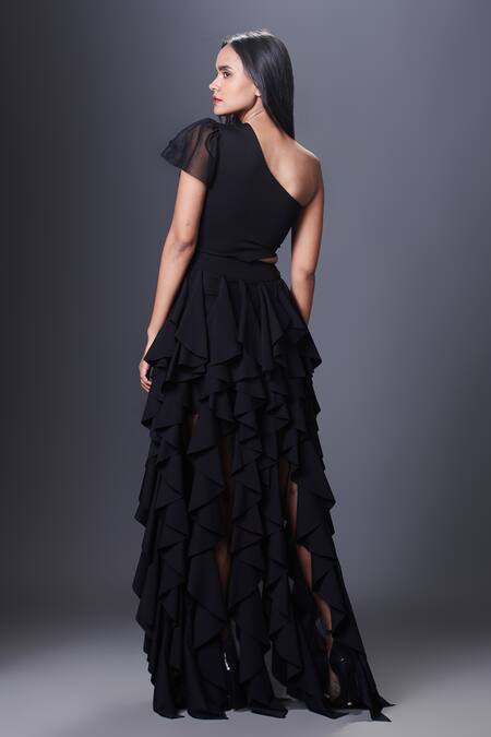 Shop Deepika Arora Black Polyester Applique, Cut Work One Shoulder Cascade Ruffle Dress at Aza Fashions Shop_Deepika Arora_Black Polyester Applique, Cut Work One Shoulder Cascade Ruffle Dress_at_Aza_Fashions