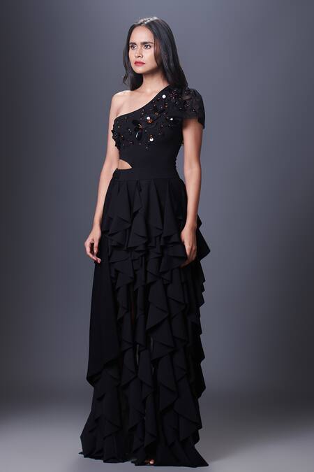 Shop Deepika Arora Black Polyester Applique, Cut Work One Shoulder Cascade Ruffle Dress Online at Aza Fashions Shop_Deepika Arora_Black Polyester Applique, Cut Work One Shoulder Cascade Ruffle Dress_Online_at_Aza_Fashions
