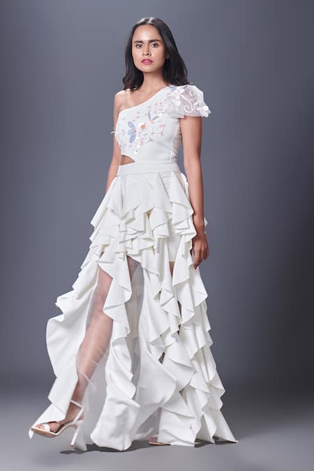 Deepika Arora One Shoulder Cascade Ruffle Dress 