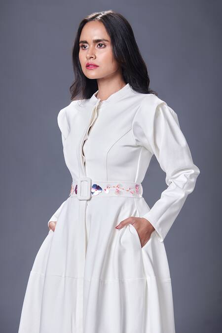Buy_Deepika Arora_White Polyester Embroidery, Cut Work, Applique Mandarin Plain Jacket Dress_Online_at_Aza_Fashions