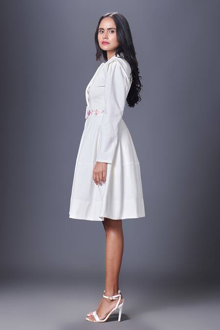 Shop_Deepika Arora_White Polyester Embroidery, Cut Work, Applique Mandarin Plain Jacket Dress_Online_at_Aza_Fashions