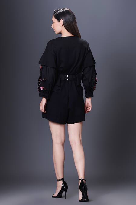 Shop_Deepika Arora_Black Polyester Sequins, Cut Work V-neck Embellished Sleeve Playsuit_Online_at_Aza_Fashions