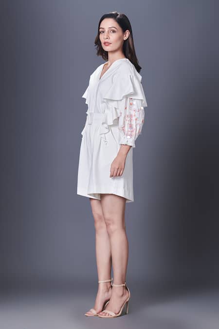 Deepika Arora_White Polyester Sequins V-neck Embellished Sleeve Playsuit_Online_at_Aza_Fashions