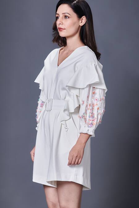 Buy_Deepika Arora_White Polyester Sequins V-neck Embellished Sleeve Playsuit_Online_at_Aza_Fashions