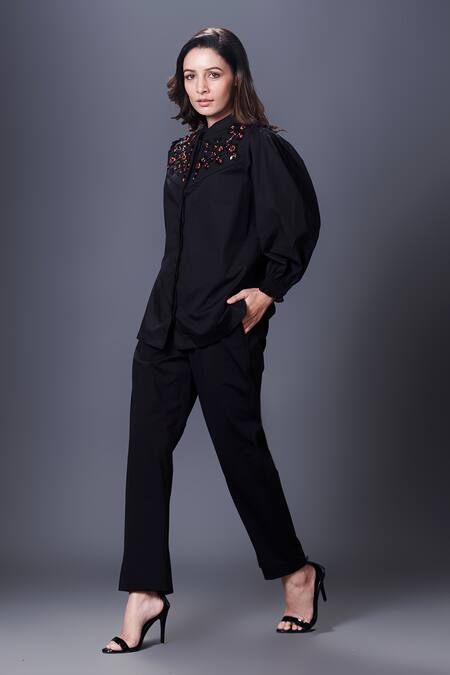 Buy Deepika Arora Black Cotton Sequins, Applique Mandarin Collar Placement Shirt With Pant Online at Aza Fashions Buy_Deepika Arora_Black Cotton Sequins, Applique Mandarin Collar Placement Shirt With Pant_Online_at_Aza_Fashions