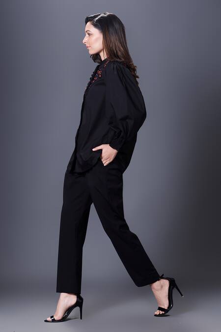 Deepika Arora Black Cotton Sequins, Applique Mandarin Collar Placement Shirt With Pant at Aza Fashions Deepika Arora_Black Cotton Sequins, Applique Mandarin Collar Placement Shirt With Pant_at_Aza_Fashions