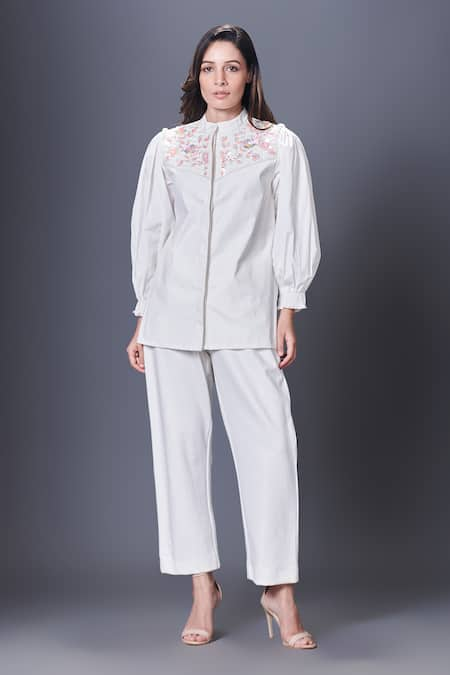 Deepika Arora White 100% Cotton Embellished Applique Mandarin Placed Sequin Shirt With Pant 