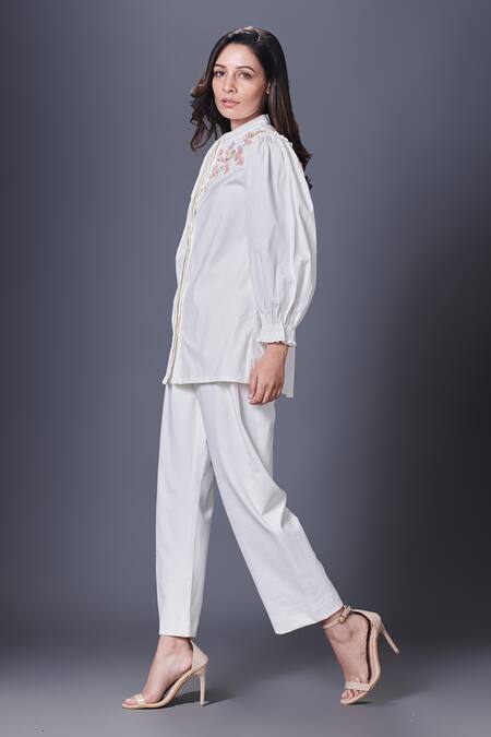 Buy_Deepika Arora_White Cotton Sequins, Applique Mandarin Placed Embellished Shirt With Pant_Online_at_Aza_Fashions