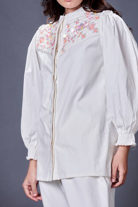 Shop_Deepika Arora_White Cotton Sequins, Applique Mandarin Placed Embellished Shirt With Pant_Online_at_Aza_Fashions
