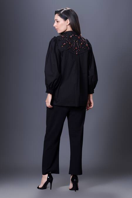 Shop_Deepika Arora_Black Cotton Embroidery Mandarin Collar Embellished Yoke Shirt_at_Aza_Fashions