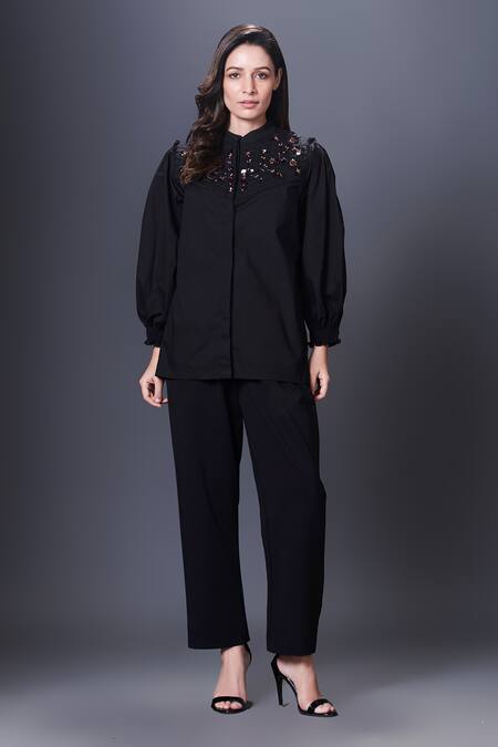 Deepika Arora_Black Cotton Embroidery Mandarin Collar Embellished Yoke Shirt_Online_at_Aza_Fashions