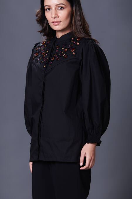 Buy_Deepika Arora_Black Cotton Embroidery Mandarin Collar Embellished Yoke Shirt_Online_at_Aza_Fashions