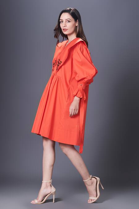 Deepika Arora Orange Cotton Embroidery Scoop Neck Sequin Placement Flared Dress Online at Aza Fashions Deepika Arora_Orange Cotton Embroidery Scoop Neck Sequin Placement Flared Dress_Online_at_Aza_Fashions