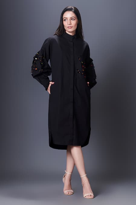 Deepika Arora Black 100% Cotton Embellished Applique Mandarin Sequin Placement Shirt Dress 