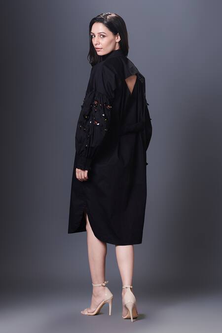 Shop Deepika Arora Black Cotton Sequins Mandarin Collar Placement Shirt Dress at Aza Fashions Shop_Deepika Arora_Black Cotton Sequins Mandarin Collar Placement Shirt Dress_at_Aza_Fashions