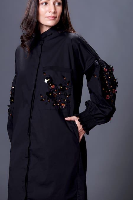 Buy Deepika Arora Black Cotton Sequins Mandarin Collar Placement Shirt Dress Online at Aza Fashions Buy_Deepika Arora_Black Cotton Sequins Mandarin Collar Placement Shirt Dress_Online_at_Aza_Fashions