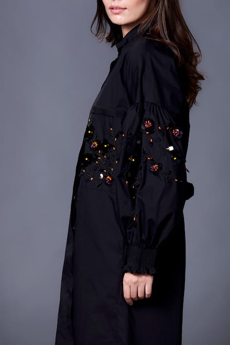 Shop Deepika Arora Black Cotton Sequins Mandarin Collar Placement Shirt Dress Online at Aza Fashions Shop_Deepika Arora_Black Cotton Sequins Mandarin Collar Placement Shirt Dress_Online_at_Aza_Fashions