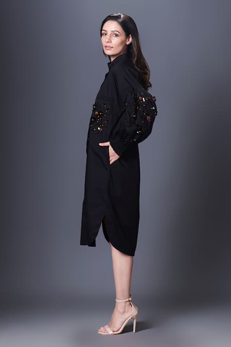 Deepika Arora Black Cotton Sequins Mandarin Collar Placement Shirt Dress at Aza Fashions Deepika Arora_Black Cotton Sequins Mandarin Collar Placement Shirt Dress_at_Aza_Fashions