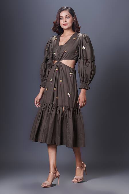 Deepika Arora Green Cotton Sequins V-neck Embellished Cut-out Dress Online at Aza Fashions Deepika Arora_Green Cotton Sequins V-neck Embellished Cut-out Dress_Online_at_Aza_Fashions