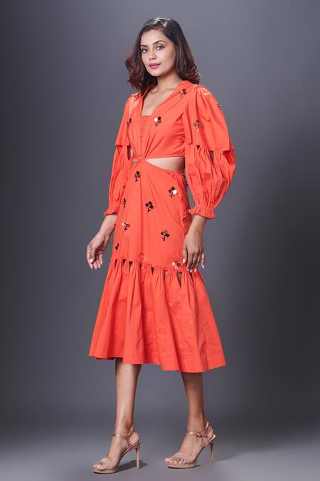Deepika Arora_Orange Cotton Sequins V-neck Cut-out Embellished Dress_Online_at_Aza_Fashions