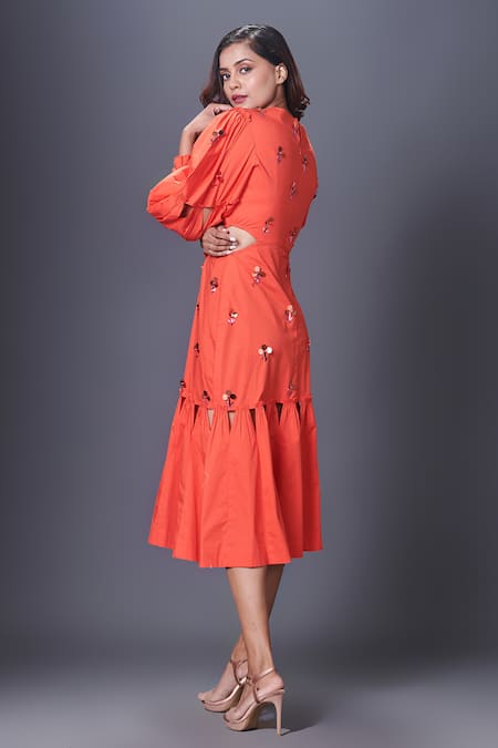 Buy_Deepika Arora_Orange Cotton Sequins V-neck Cut-out Embellished Dress_Online_at_Aza_Fashions