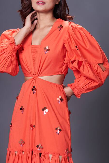 Shop_Deepika Arora_Orange Cotton Sequins V-neck Cut-out Embellished Dress_Online_at_Aza_Fashions