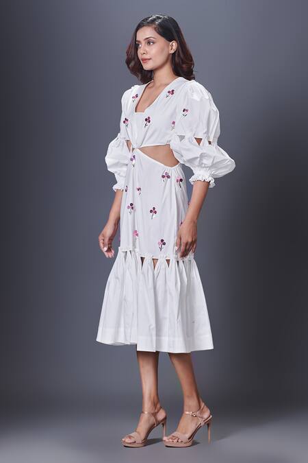 Deepika Arora_White Cotton Sequins V-neck Cut-out Dress_Online_at_Aza_Fashions