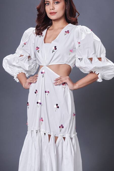 Buy_Deepika Arora_White Cotton Sequins V-neck Cut-out Dress_Online_at_Aza_Fashions