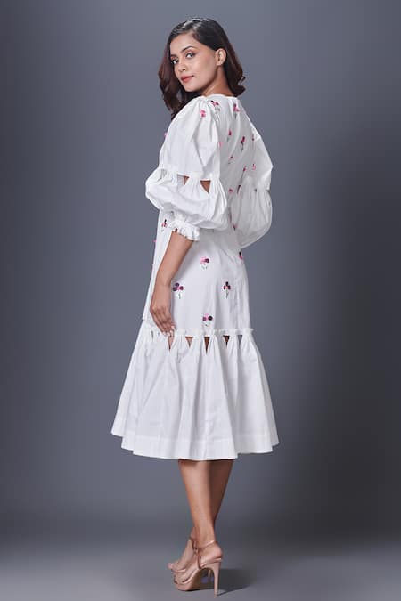 Shop_Deepika Arora_White Cotton Sequins V-neck Cut-out Dress_Online_at_Aza_Fashions