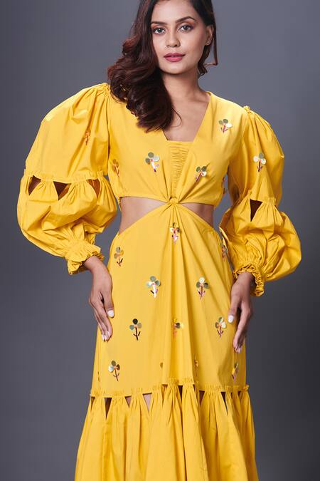 Deepika Arora_Yellow Cotton Embroidery, Sequins V-neck Hand Midi Dress_Online_at_Aza_Fashions