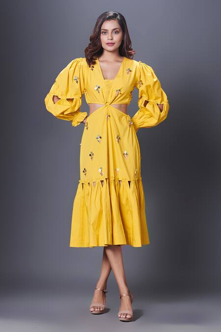 Buy_Deepika Arora_Yellow Cotton Embroidery, Sequins V-neck Hand Midi Dress_Online_at_Aza_Fashions