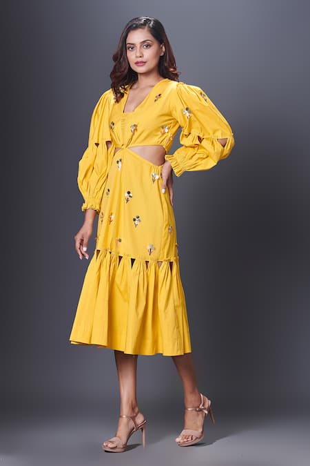 Shop_Deepika Arora_Yellow Cotton Embroidery, Sequins V-neck Hand Midi Dress_Online_at_Aza_Fashions