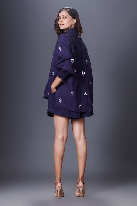 Shop_Deepika Arora_Blue Cotton Embroidery Bandeau Neck Shirt And Shorts Set_at_Aza_Fashions