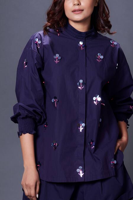 Buy_Deepika Arora_Blue Cotton Embroidery Bandeau Neck Shirt And Shorts Set_Online_at_Aza_Fashions