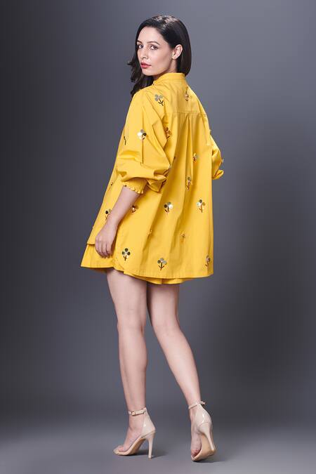 Shop_Deepika Arora_Yellow Cotton Sequins, Embroidery Bandeau Neck Shirt Shorts Set_at_Aza_Fashions