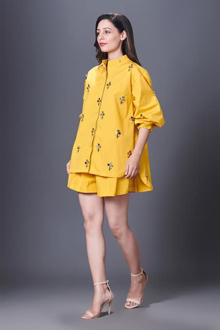 Deepika Arora_Yellow Cotton Sequins, Embroidery Bandeau Neck Shirt Shorts Set_Online_at_Aza_Fashions