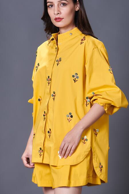 Buy_Deepika Arora_Yellow Cotton Sequins, Embroidery Bandeau Neck Shirt Shorts Set_Online_at_Aza_Fashions