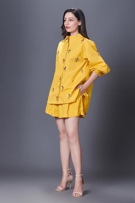 Shop_Deepika Arora_Yellow Cotton Sequins, Embroidery Bandeau Neck Shirt Shorts Set_Online_at_Aza_Fashions