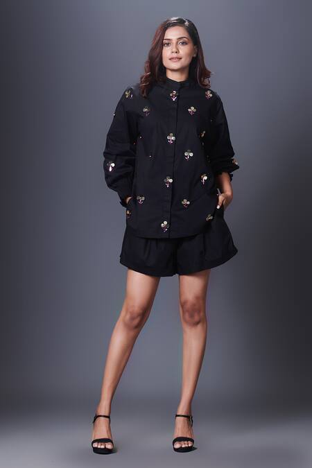 Deepika Arora Black Cotton Embroidery Bandeau Neck Hand Shirt Online at Aza Fashions Deepika Arora_Black Cotton Embroidery Bandeau Neck Hand Shirt_Online_at_Aza_Fashions