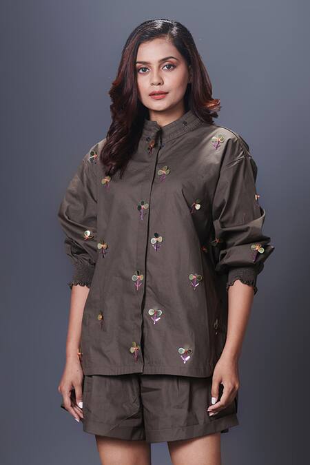 Buy_Deepika Arora_Green Cotton Sequins Bandeau Neck Hand Embroidered Shirt_Online_at_Aza_Fashions