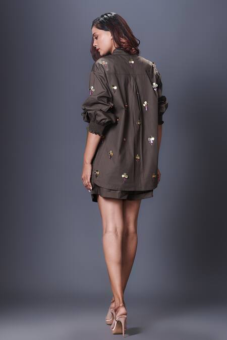 Deepika Arora_Green Cotton Sequins Bandeau Neck Hand Embroidered Shirt_at_Aza_Fashions