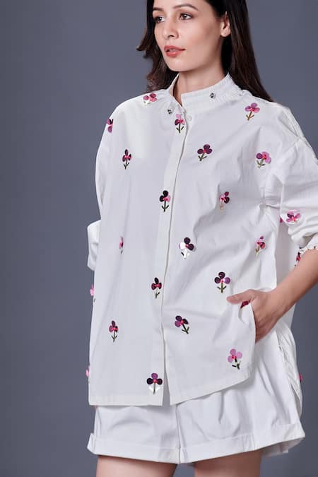 Buy_Deepika Arora_White Cotton Sequins Bandeau Neck Hand Embroidered Shirt_Online_at_Aza_Fashions