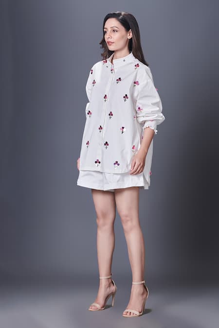 Shop_Deepika Arora_White Cotton Sequins Bandeau Neck Hand Embroidered Shirt_Online_at_Aza_Fashions