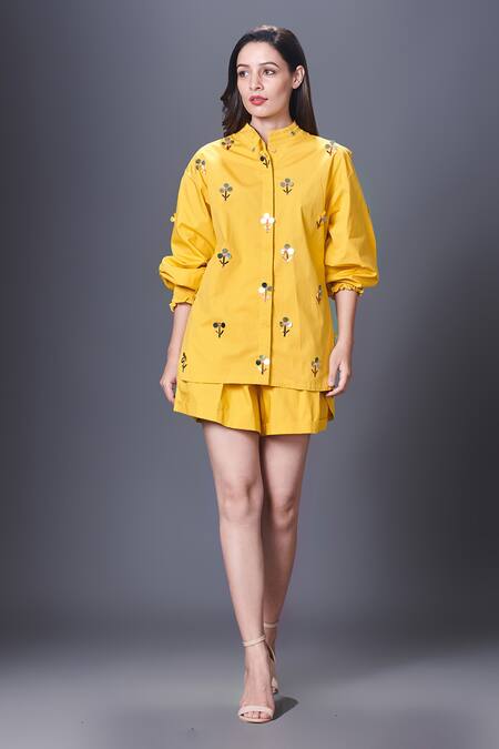 Deepika Arora_Yellow Cotton Sequins Bandeau Neck Embroidered Shirt_Online_at_Aza_Fashions