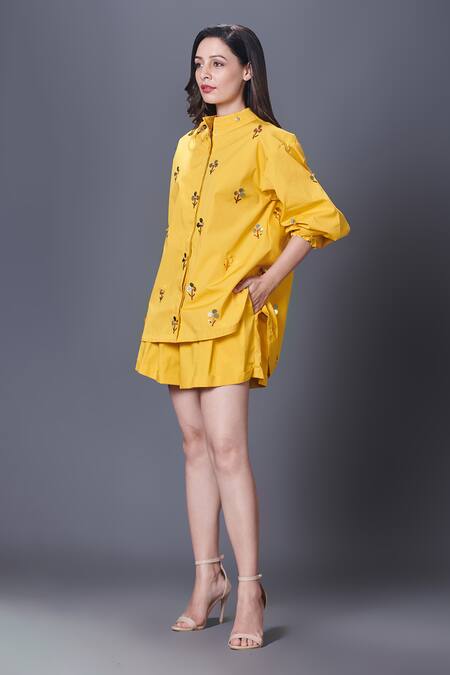 Shop_Deepika Arora_Yellow Cotton Sequins Bandeau Neck Embroidered Shirt_Online_at_Aza_Fashions