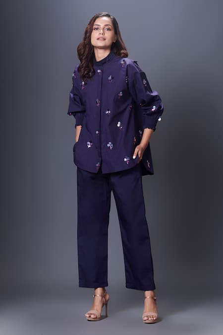 Deepika Arora Blue 100% Cotton Hand Embroidered Sequins Collar Shirt And Pant Set 