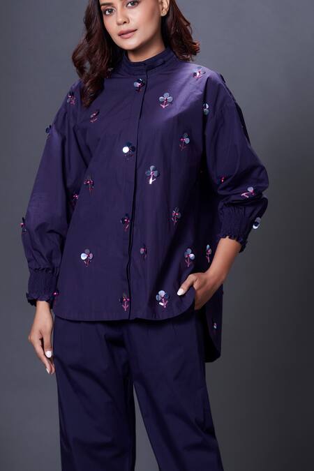 Shop Deepika Arora Blue Cotton Embroidery, Sequins Bandeau Neck Shirt And Pant Set Online at Aza Fashions Shop_Deepika Arora_Blue Cotton Embroidery, Sequins Bandeau Neck Shirt And Pant Set_Online_at_Aza_Fashions