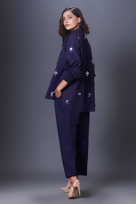 Deepika Arora Blue Cotton Embroidery, Sequins Bandeau Neck Shirt And Pant Set at Aza Fashions Deepika Arora_Blue Cotton Embroidery, Sequins Bandeau Neck Shirt And Pant Set_at_Aza_Fashions