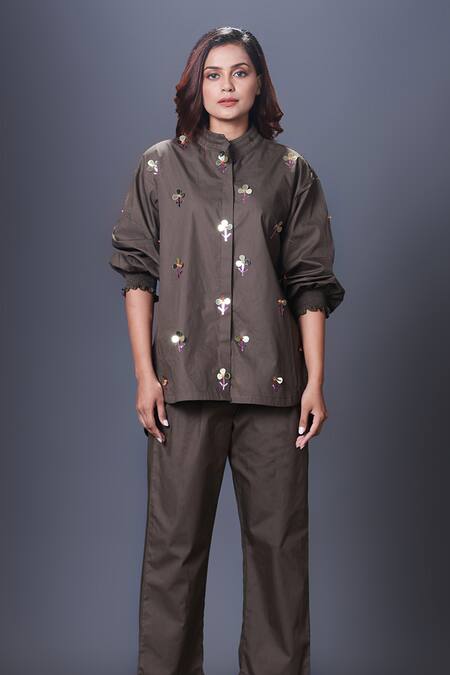 Deepika Arora Green Cotton Sequins Bandeau Neck Hand Embroidered Shirt And Pant Set Online at Aza Fashions Deepika Arora_Green Cotton Sequins Bandeau Neck Hand Embroidered Shirt And Pant Set_Online_at_Aza_Fashions